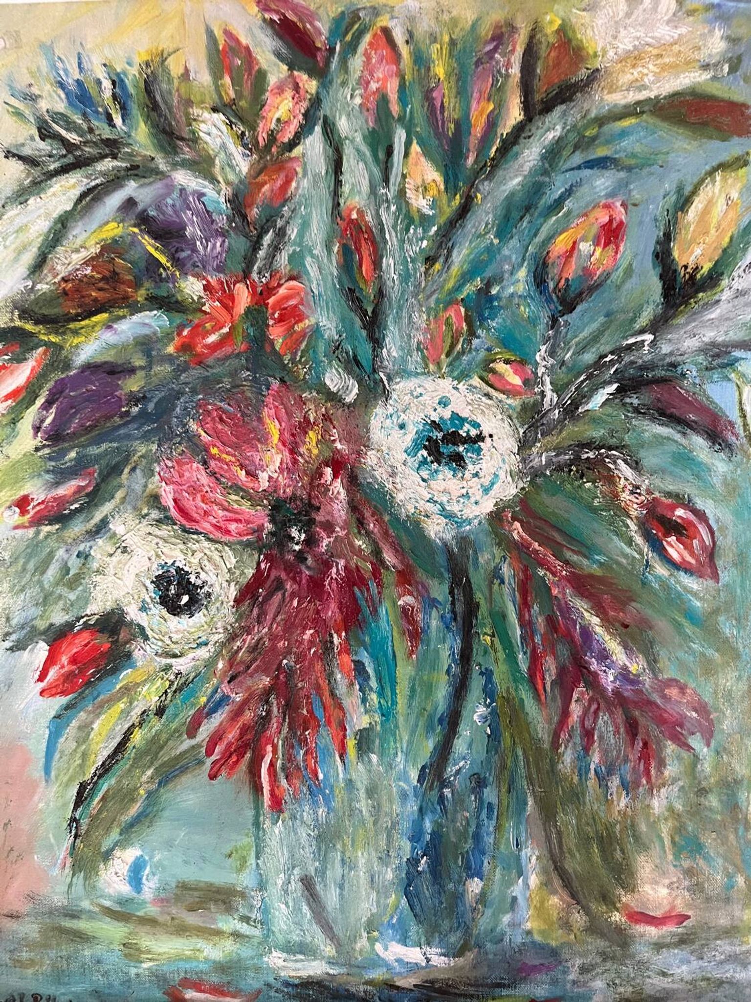 Tableau, huile sur carton "Bouquet"