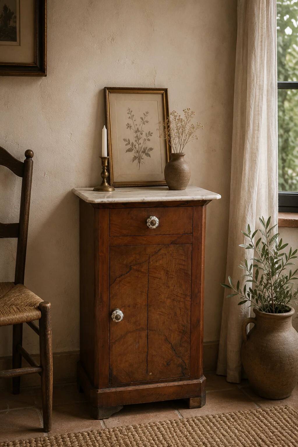 Wood and marble side table with ceramic handles.