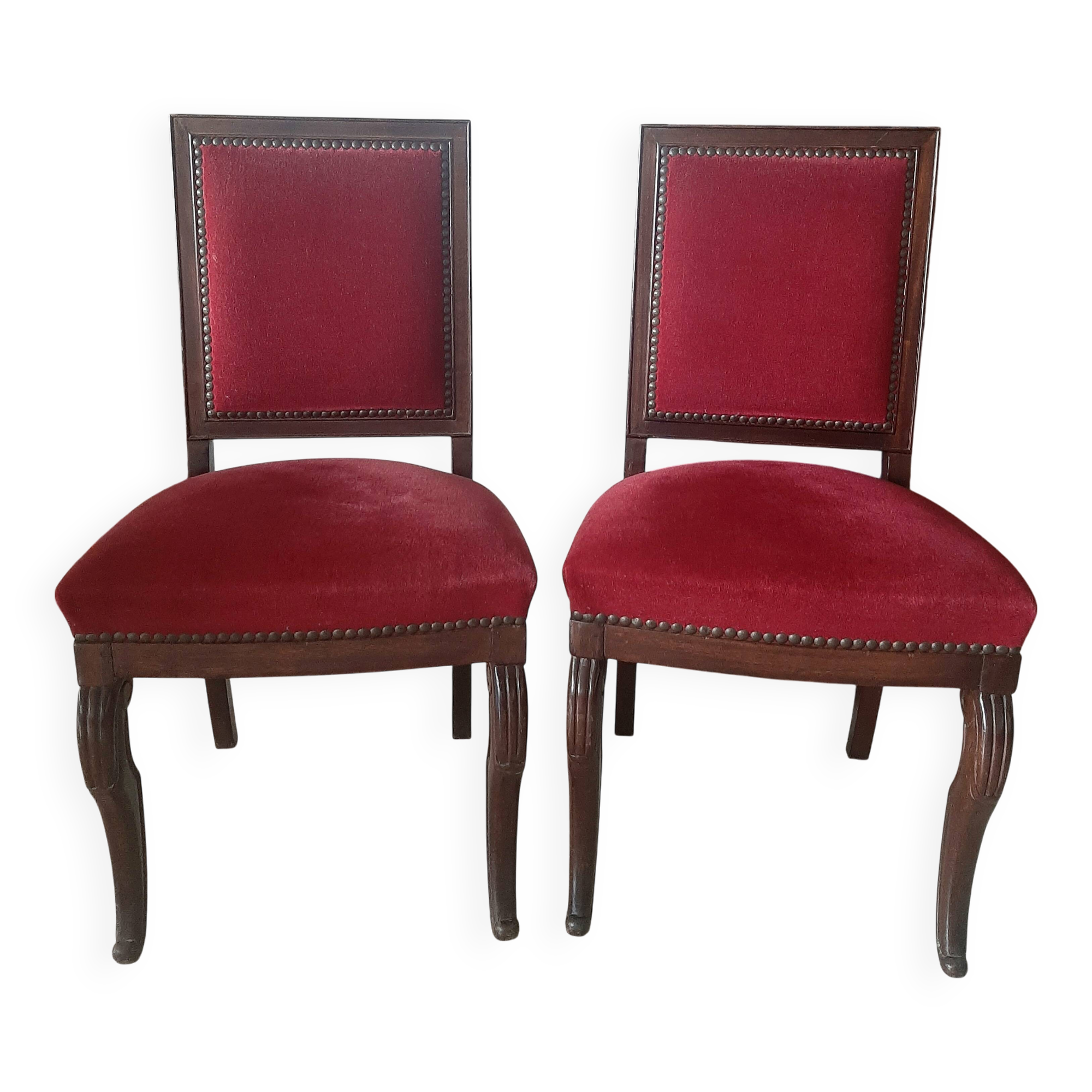2 antique Restoration style chairs in walnut and burgundy velvet