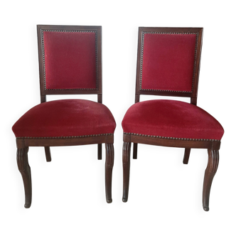 2 antique Restoration style chairs in walnut and burgundy velvet