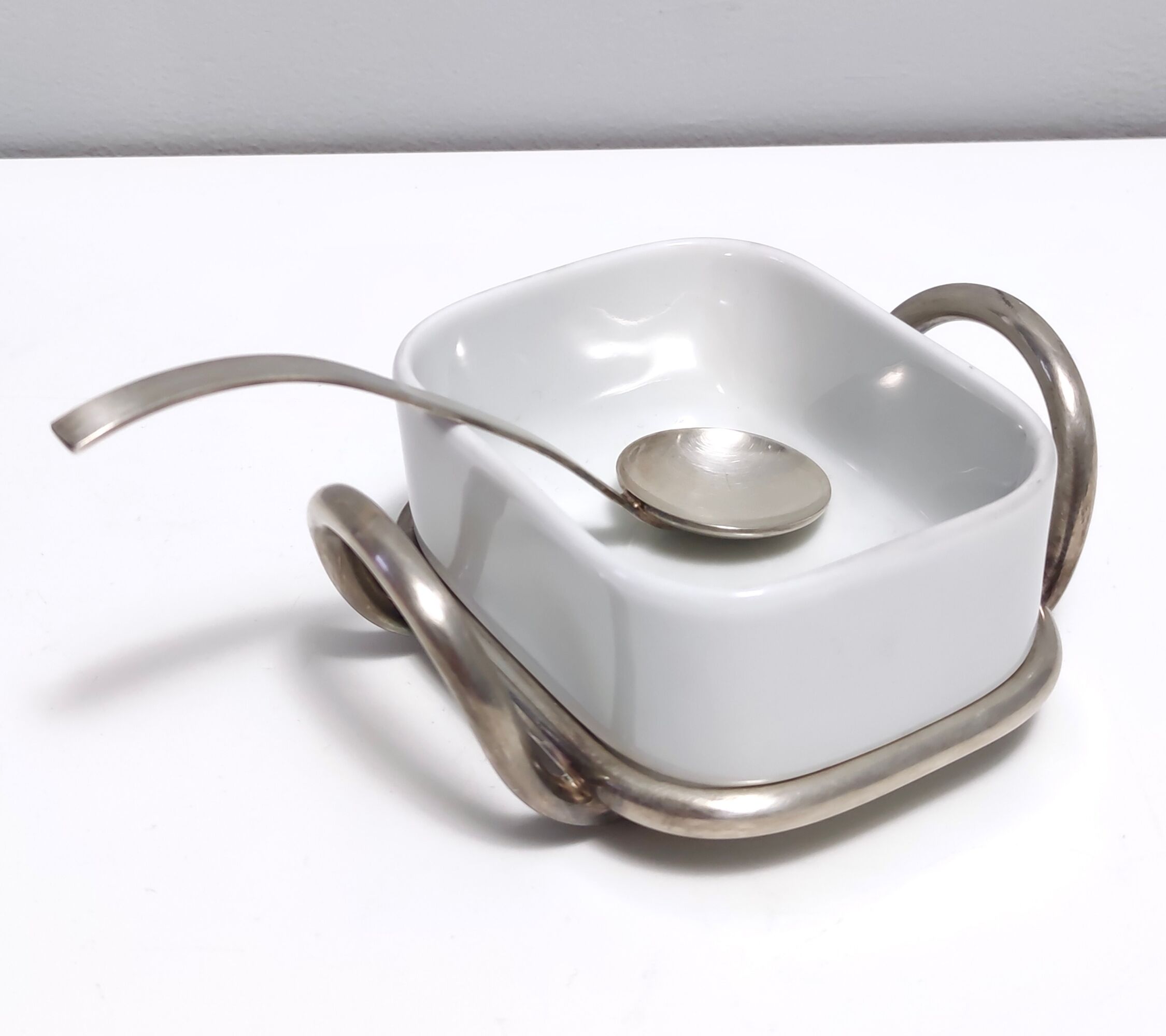 Postmodern Lino Sabattini Silver-Plated and Ceramic Cheese Bowl with Spoon