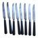 A set of 8 knives with black wooden handles and bolsters.