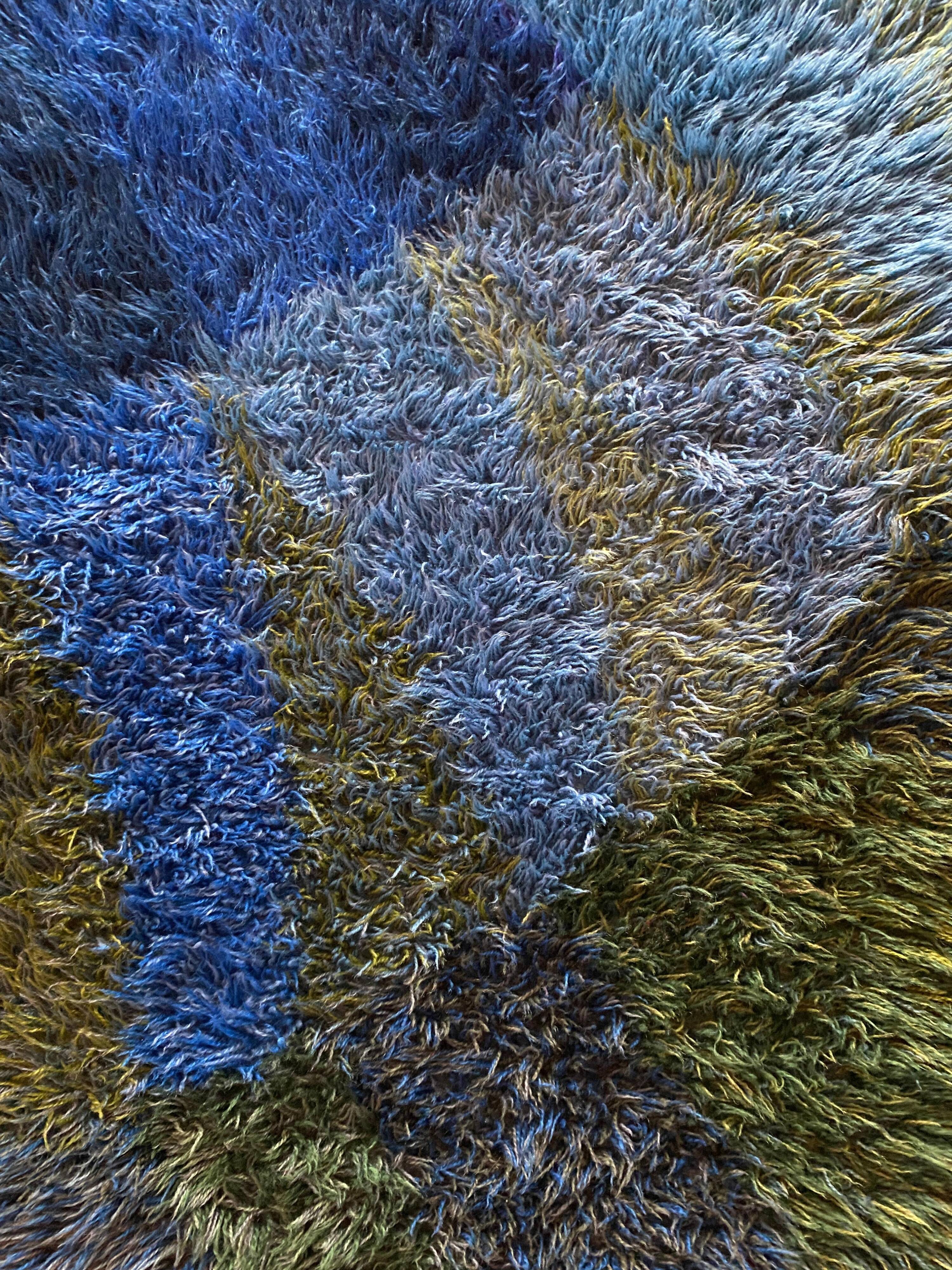 Mid-century Modern High Pile Blue Rya Rug, Sweden, 1960s