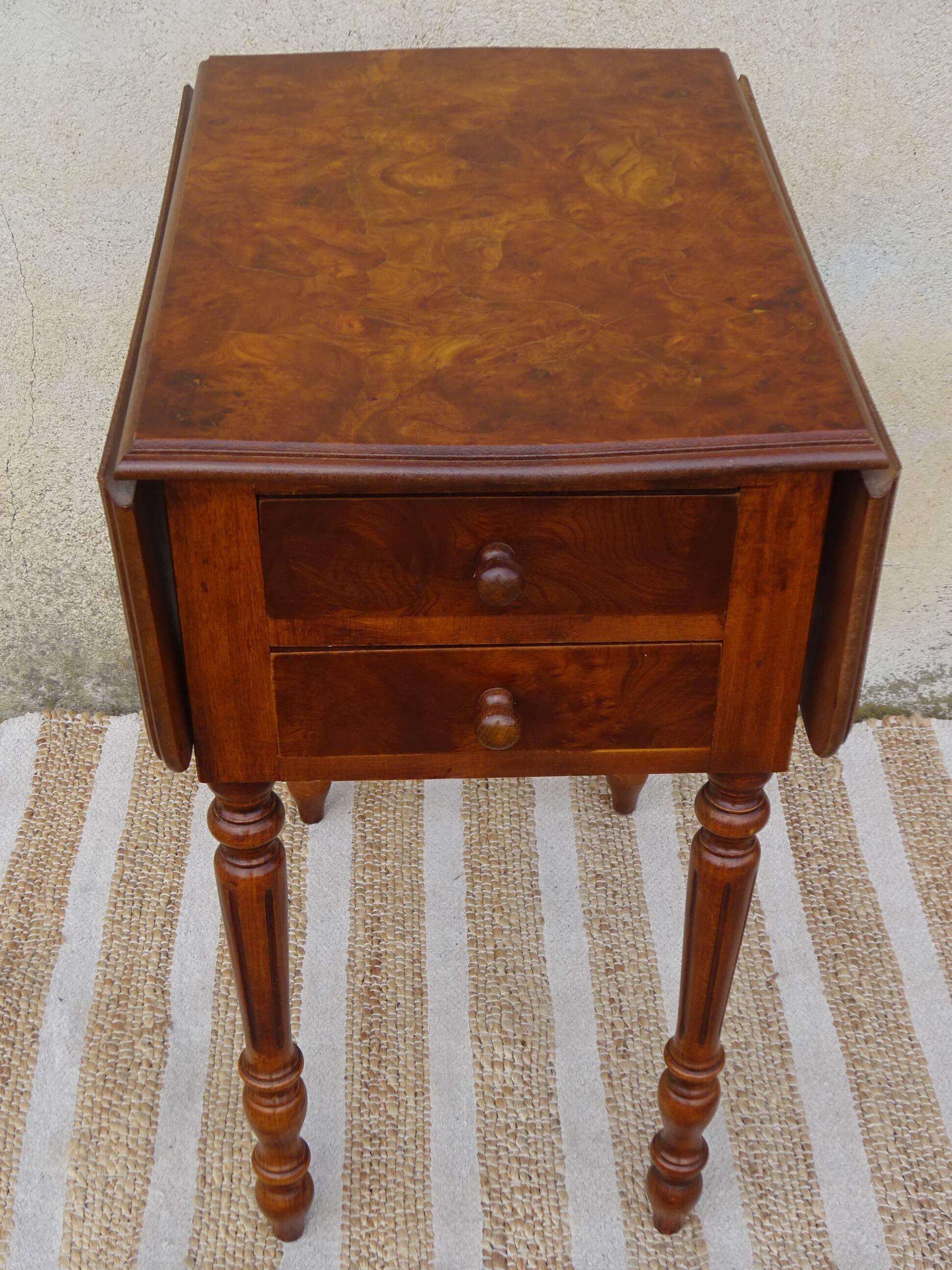 Bedside table with large flap top in burl walnut