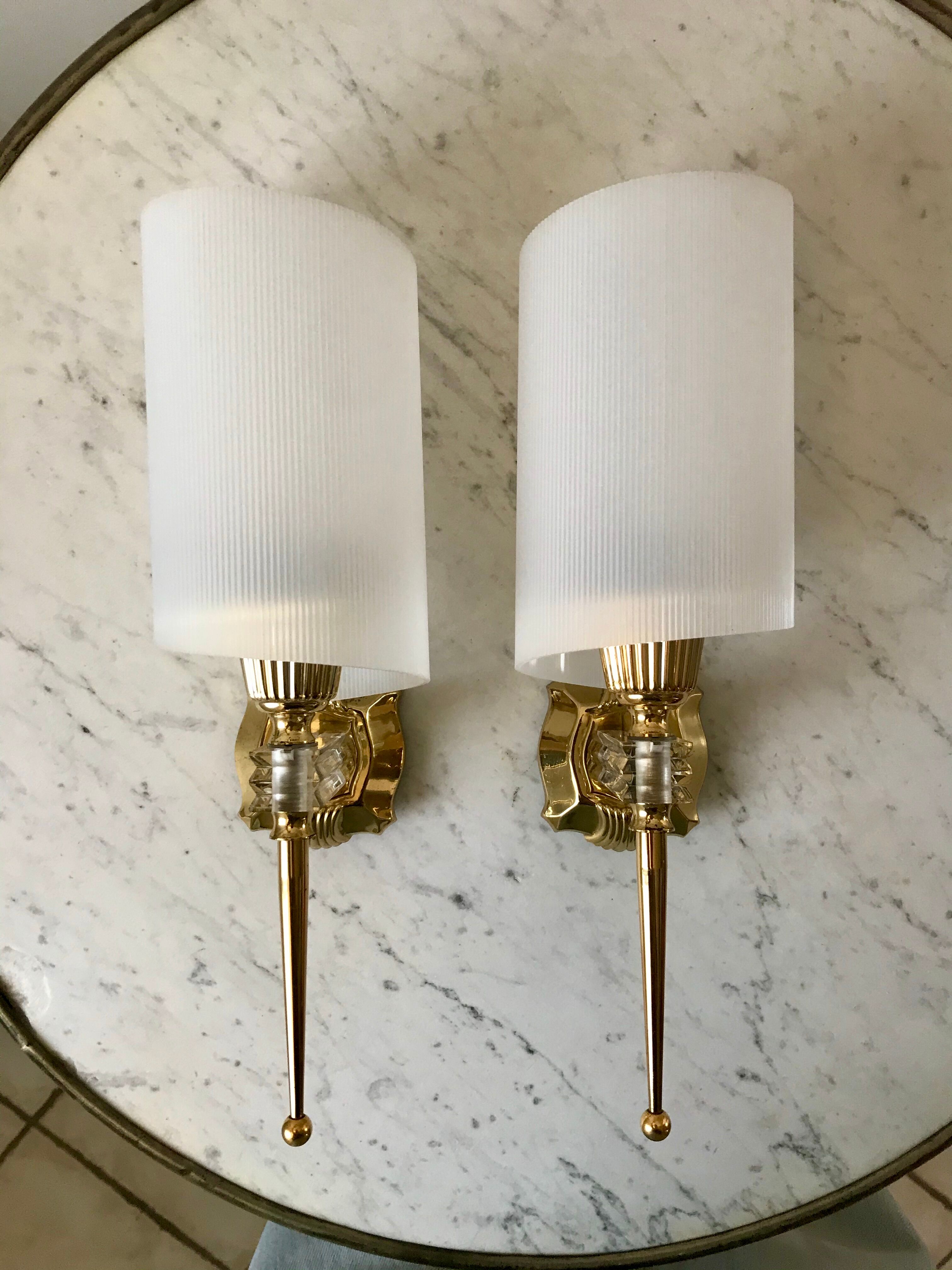 Pair of gold steel wall lamps, plexi and pleated plastic shades 60s-70s