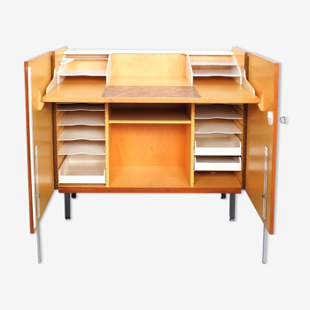 Vintage teak desk in cabinet, 1960s