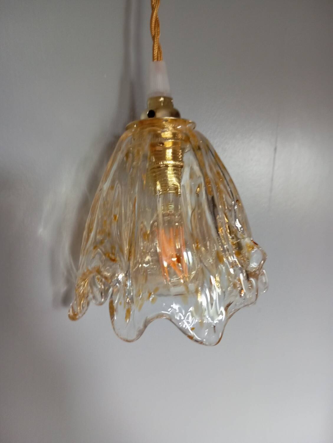 Pair of draped blown glass hanging lamps, ocher twisted wire