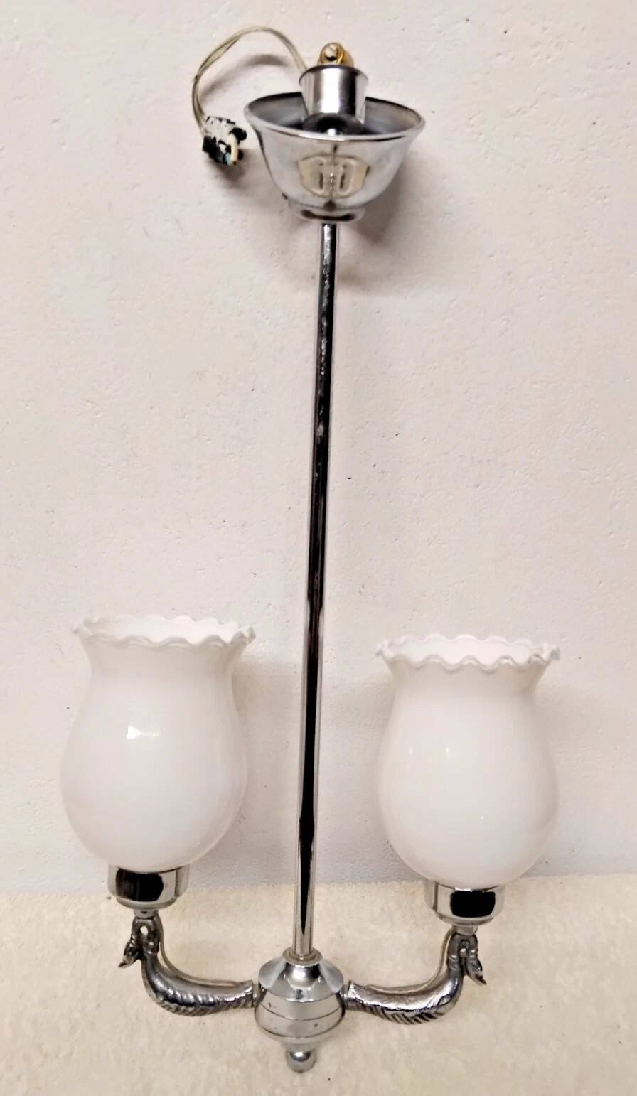 Vintage opaline lampshade chrome duck 2-arm chandelier
