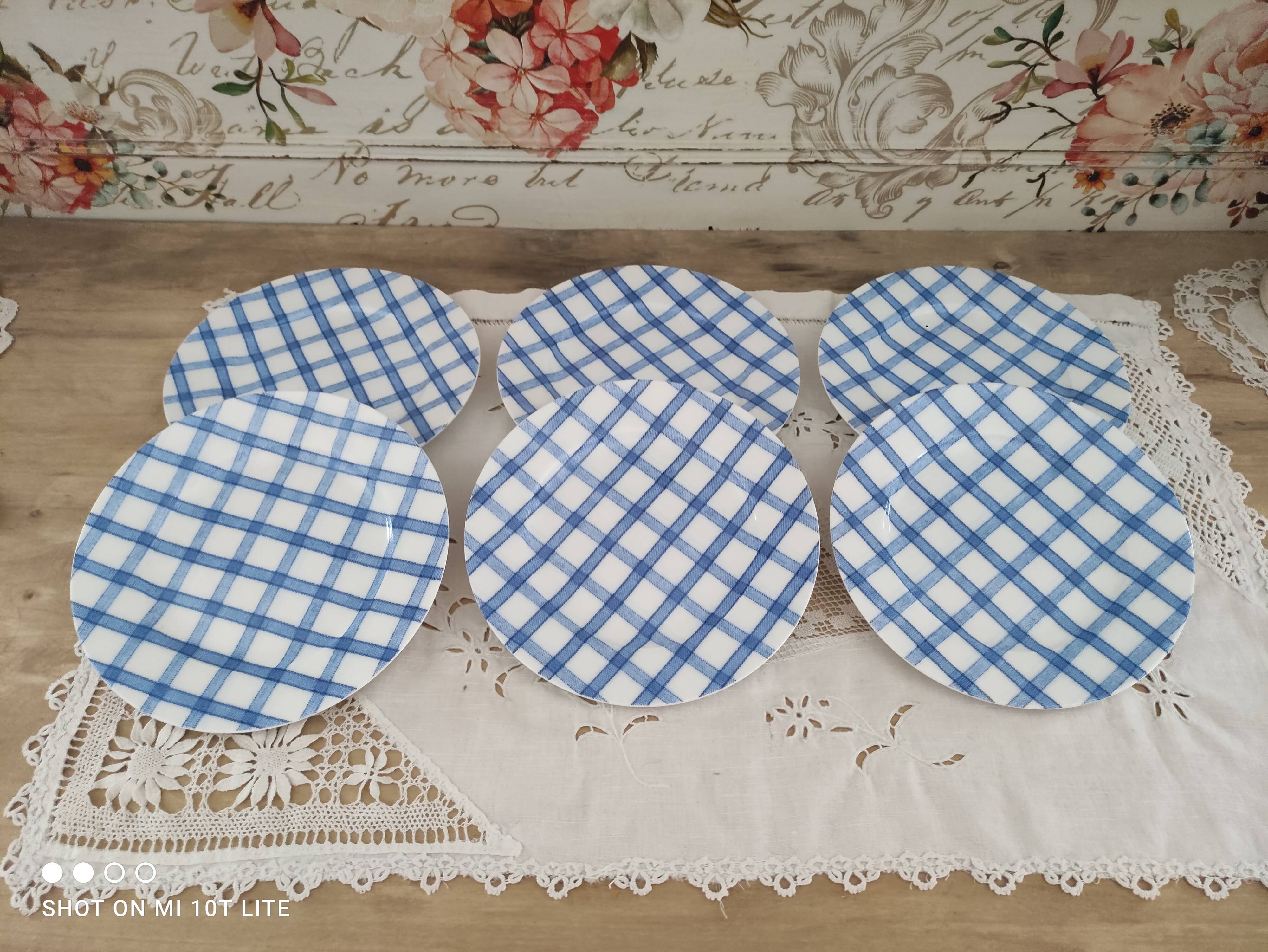 Lot de 6 assiettes à dessert en porcelaine Leoni by Sia Home Fashion décor torchon à carreaux bleus