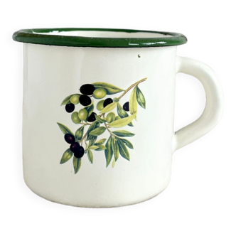 Vintage beige enamelled cup green border olive branch pattern rustic style