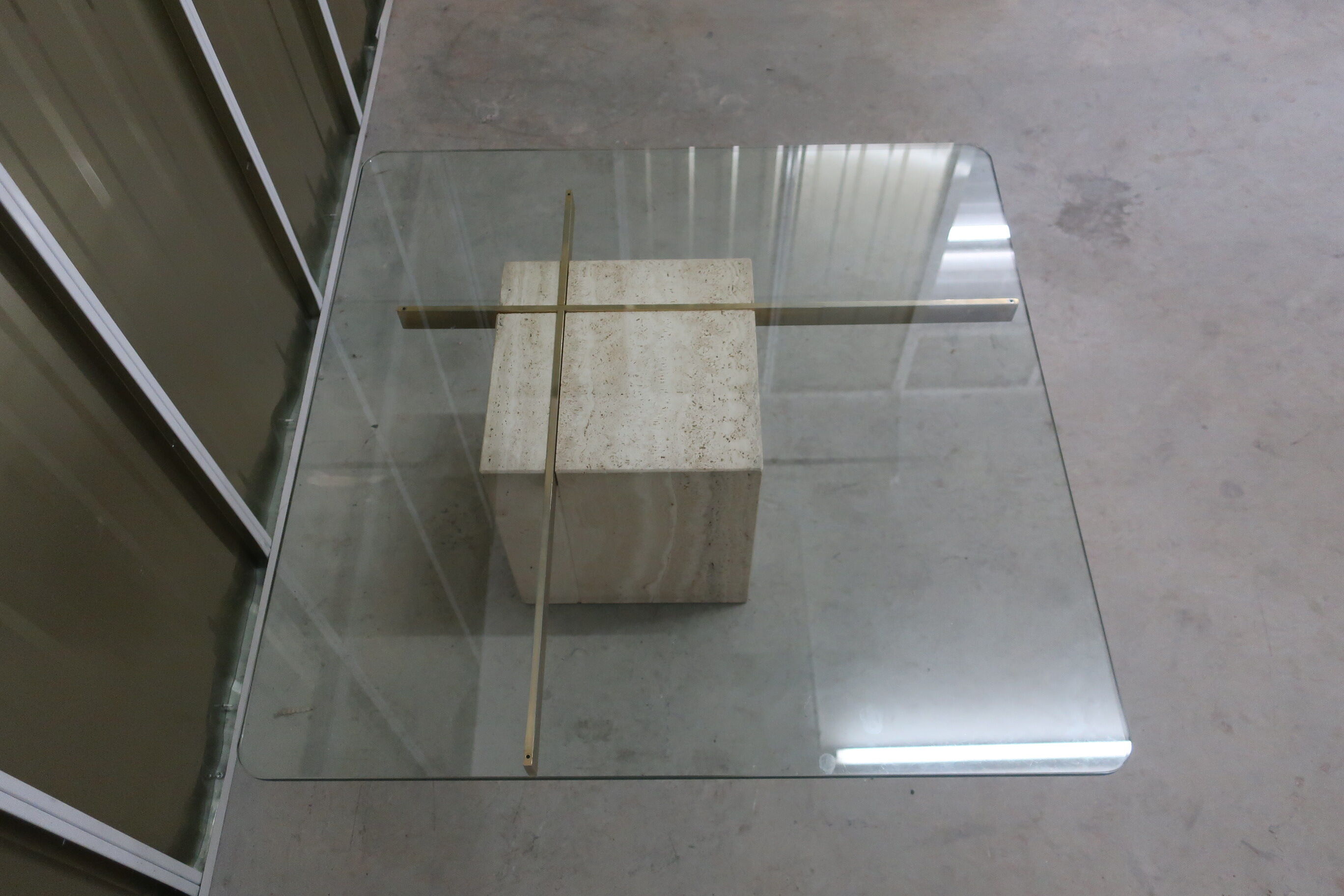 70s travertine and brass coffee table
