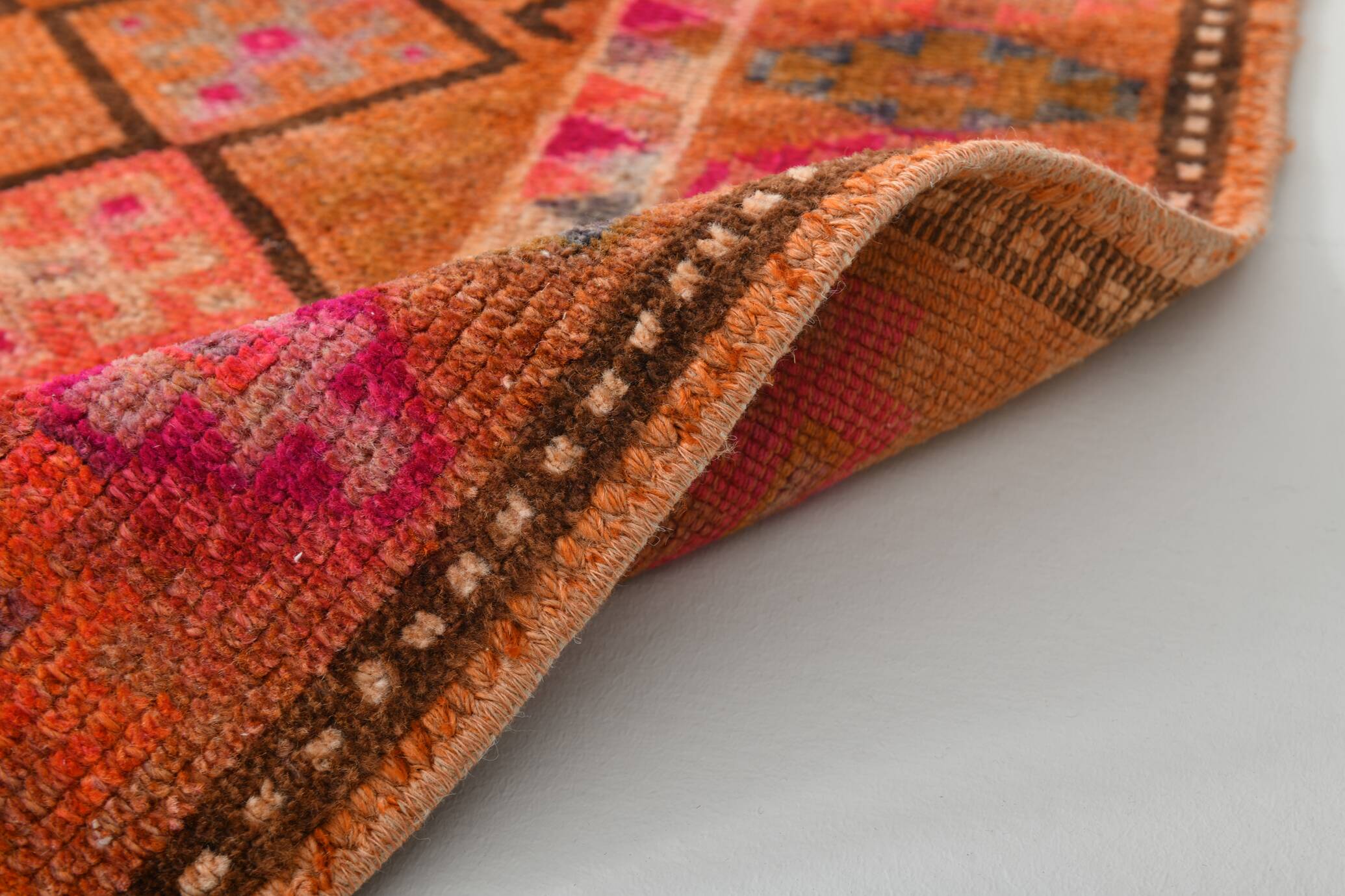 Long Tapis Couloir Vintage Orange et Fuchsia à Motifs Géométriques,91x278Cm
