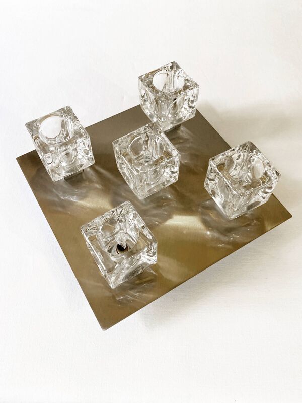 Plafonnier métal brossé et globes en verre, 5 bougies halogènes