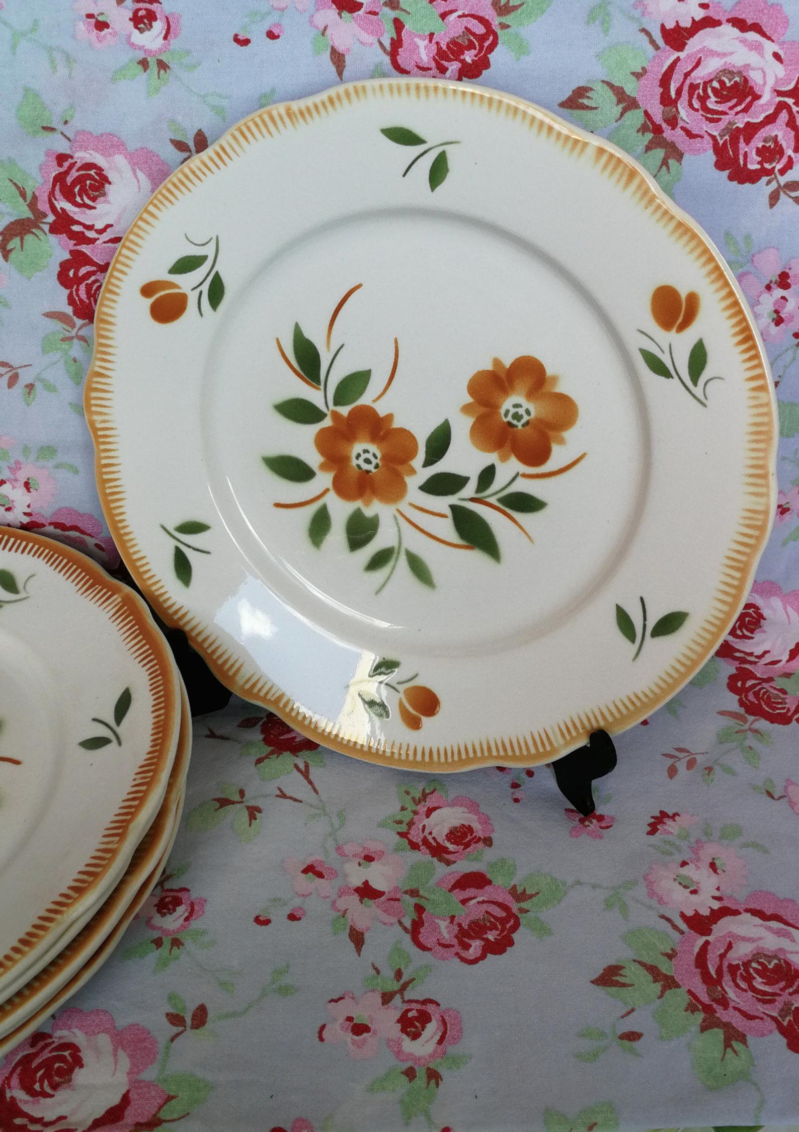 6 Badonviller Old Plate Plates - Orange and Green Flowers