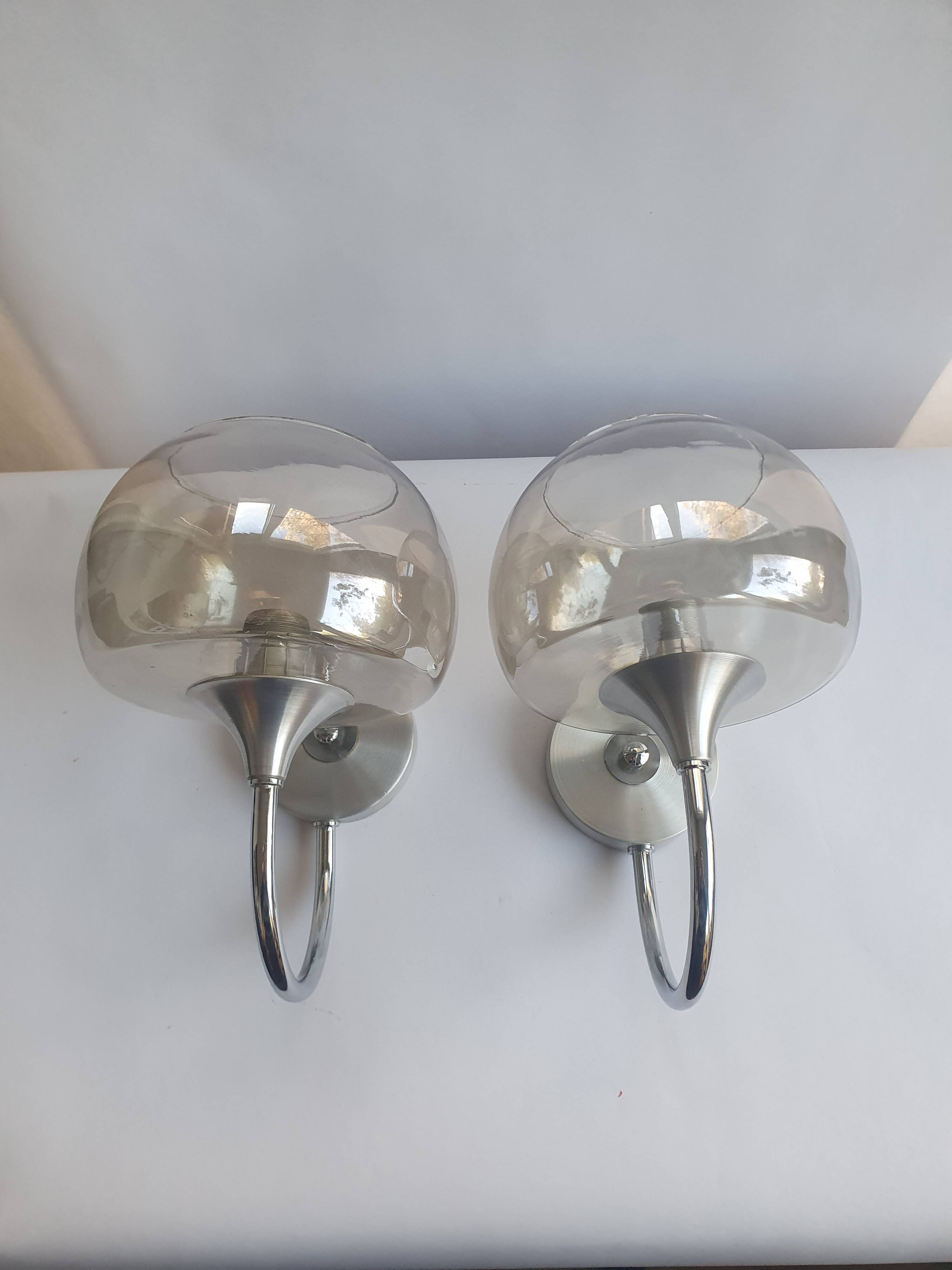Pair of 1980s chrome metal and smoked glass wall lights