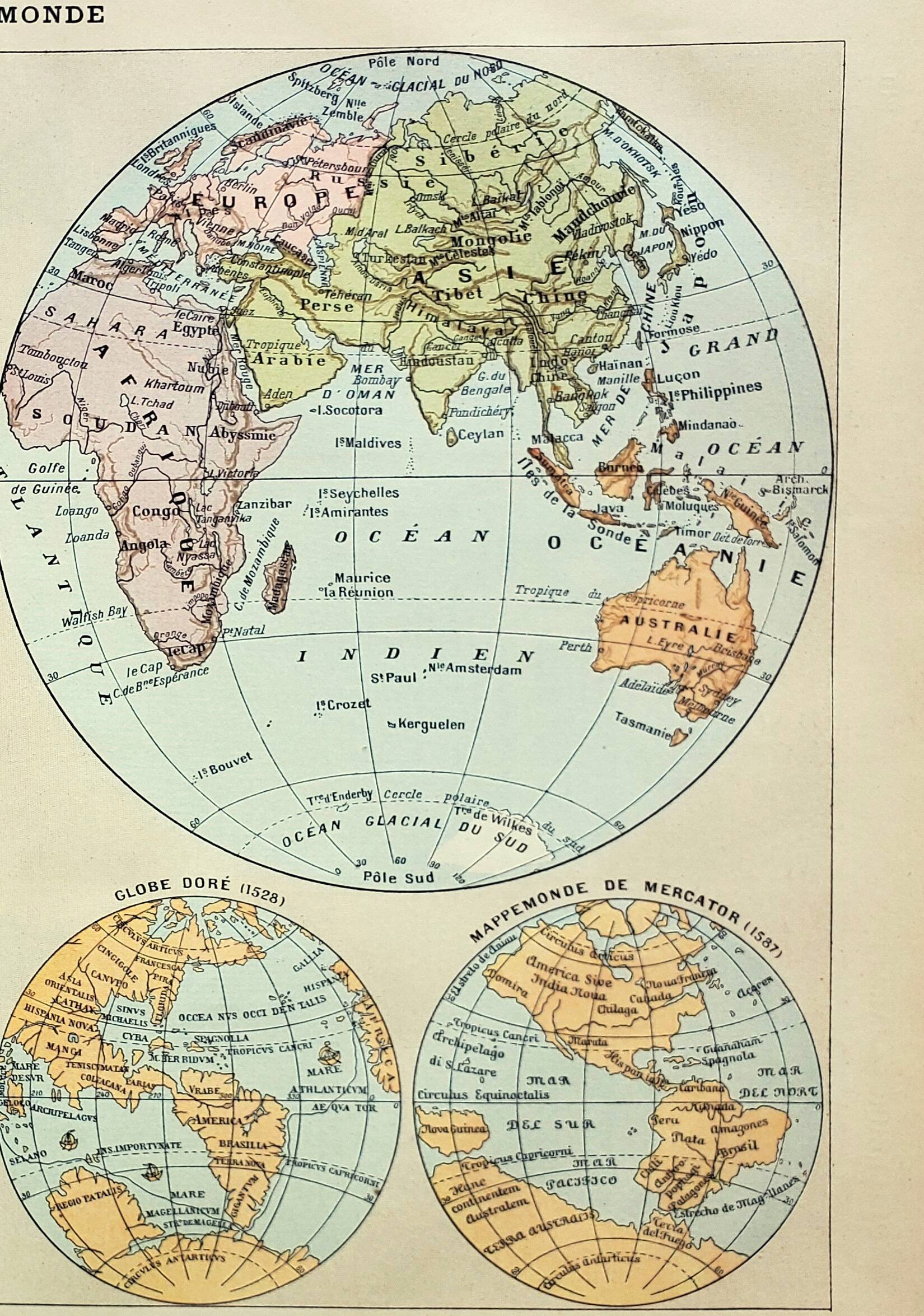 Antique engraving 1898, World map, map, globe, plane • Lithograph, original illustration