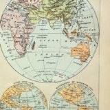 Antique engraving 1898, World map, map, globe, plane • Lithograph, original illustration