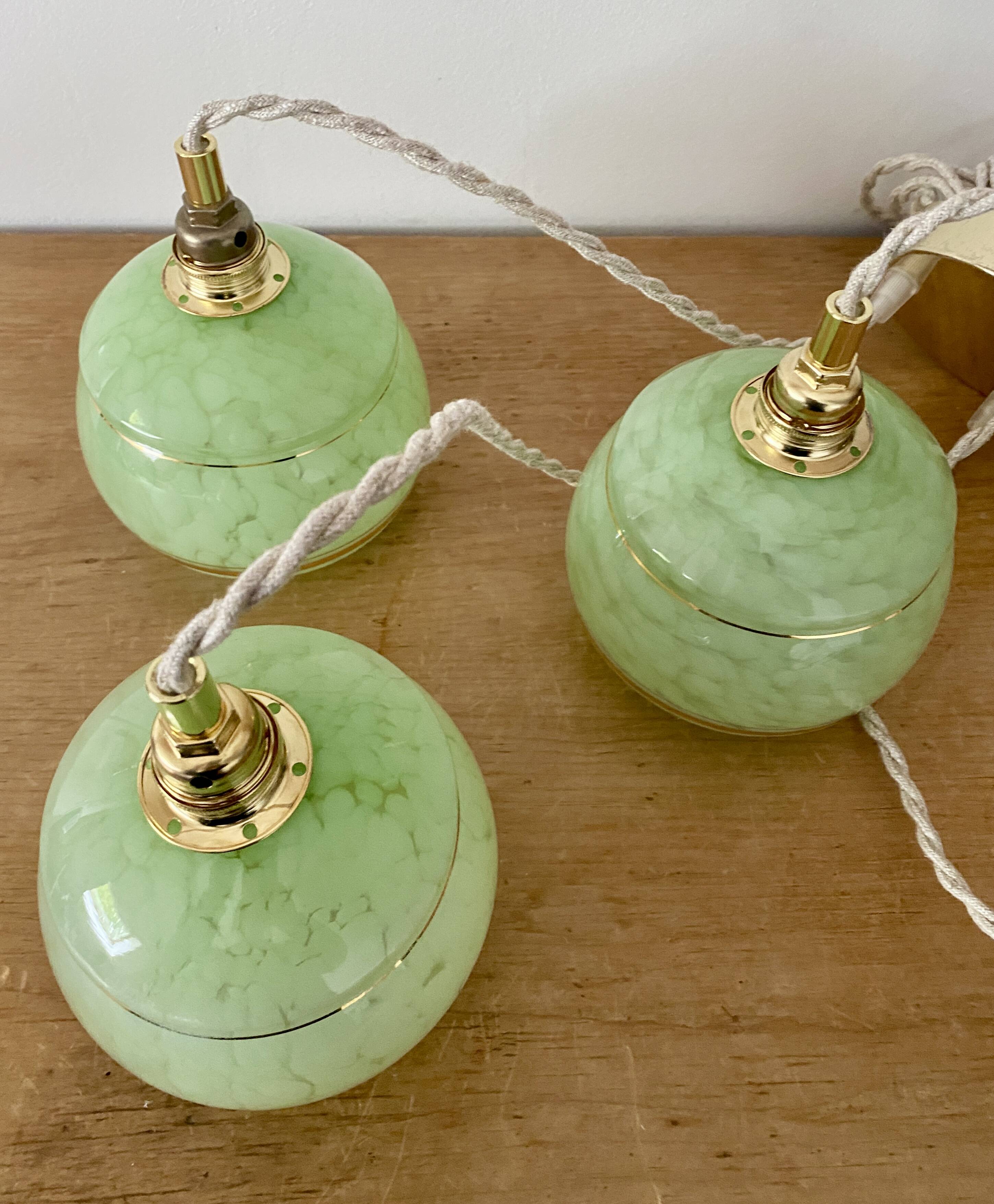 Vintage art deco triple globe pendant light in mint and gold glass
