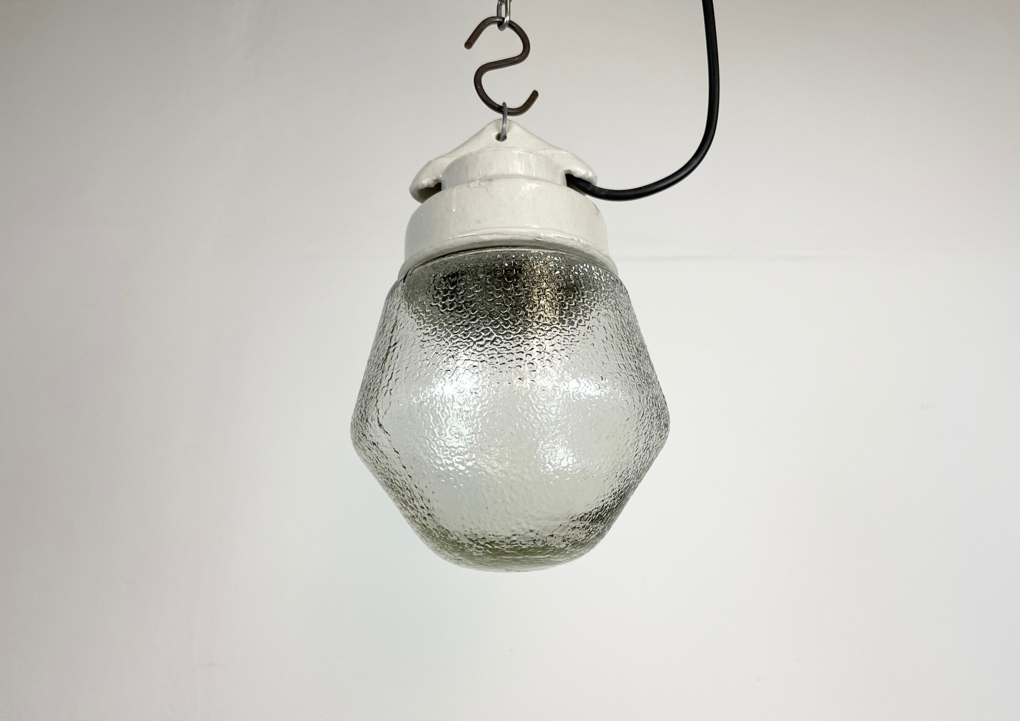 Industrial White Porcelain Pendant Light with Frosted Clear Glass, 1970s