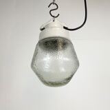 Industrial White Porcelain Pendant Light with Frosted Clear Glass, 1970s