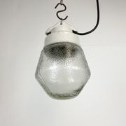 Industrial White Porcelain Pendant Light with Frosted Clear Glass, 1970s