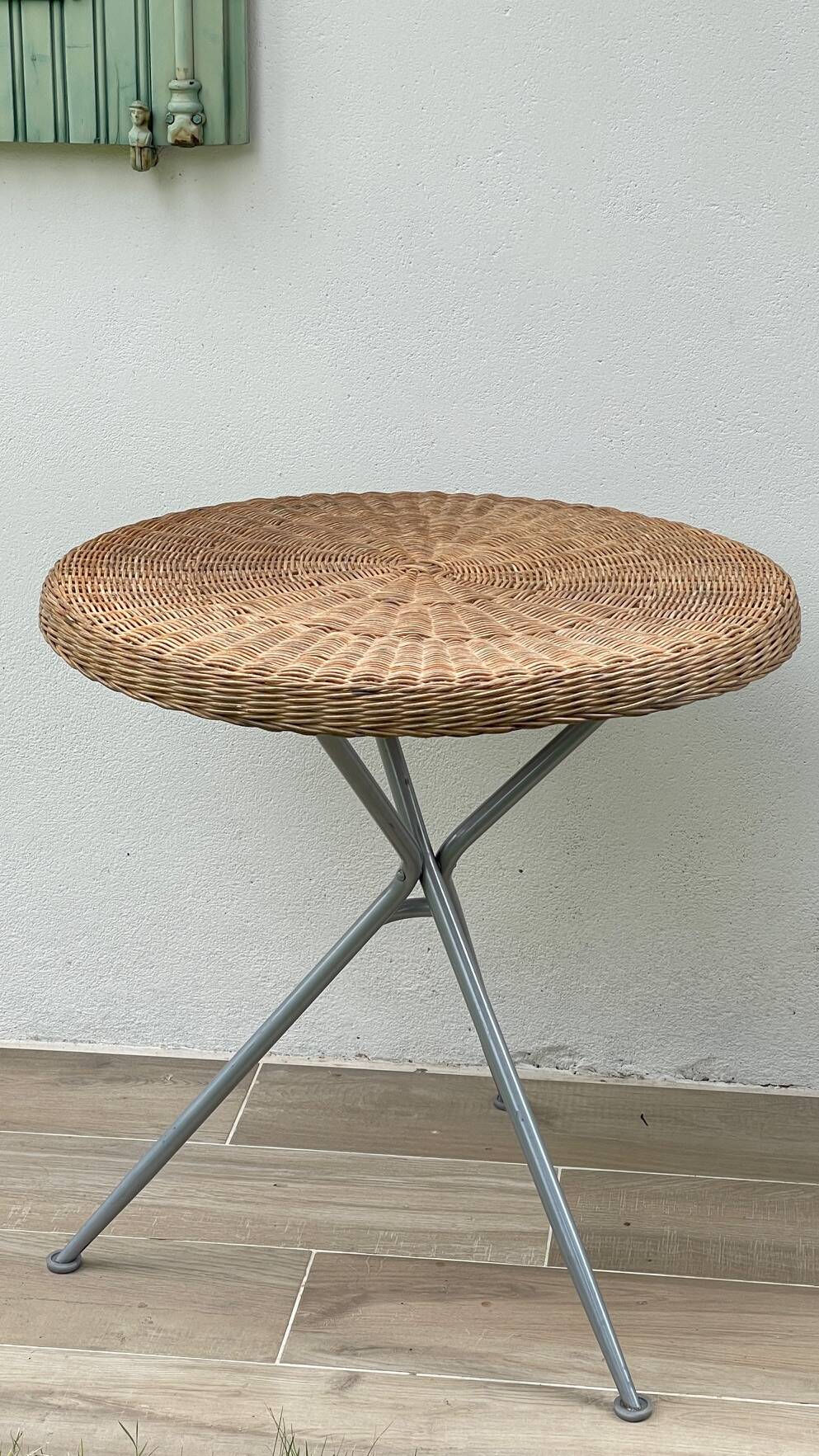 Rattan and lacquered metal folding table