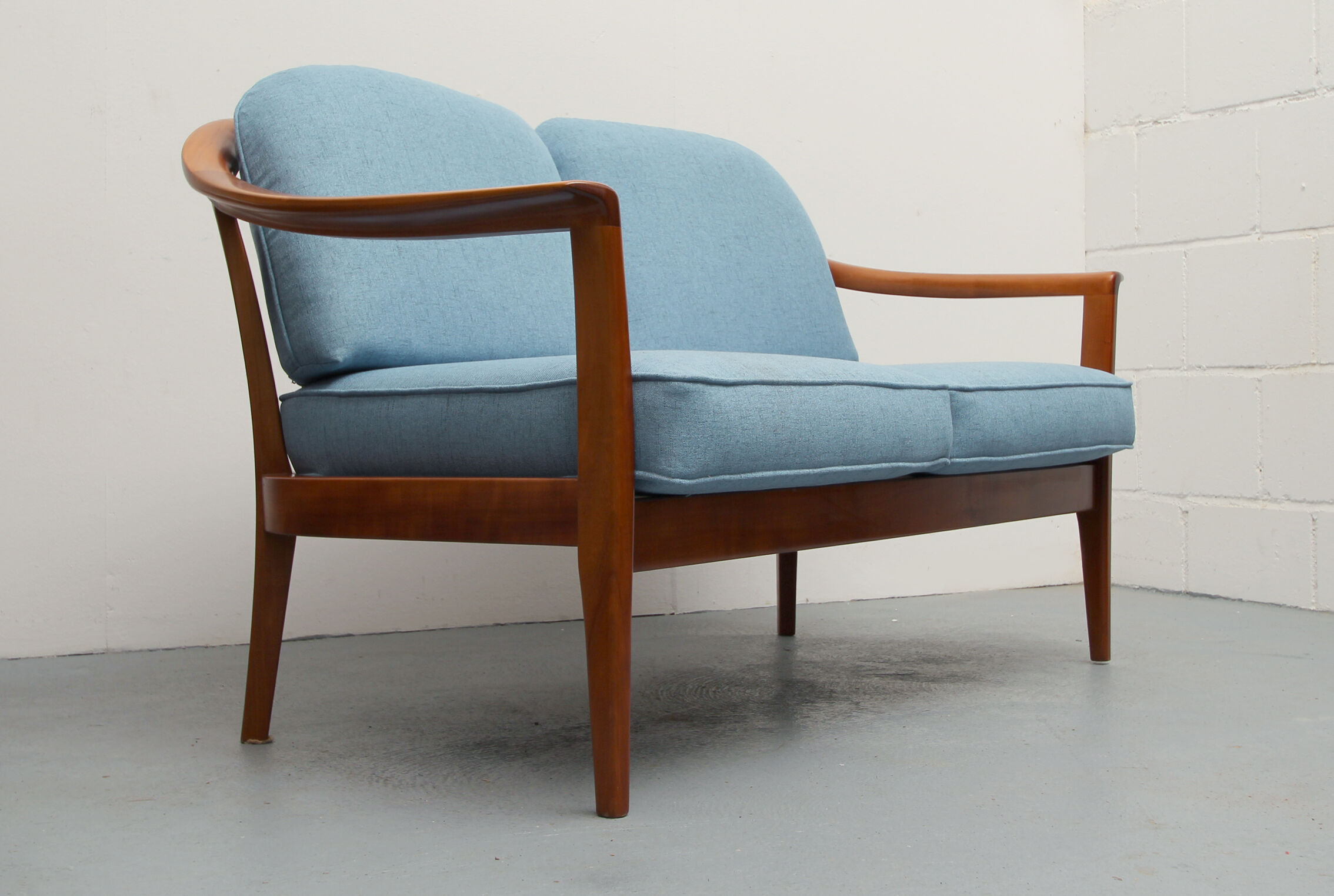 1960s 2-seater sofa in cherrywood middle blue, Wilhelm Knoll