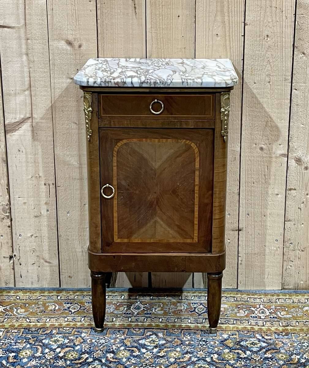 Bedside table in marquetry and white marble top, early 20th century