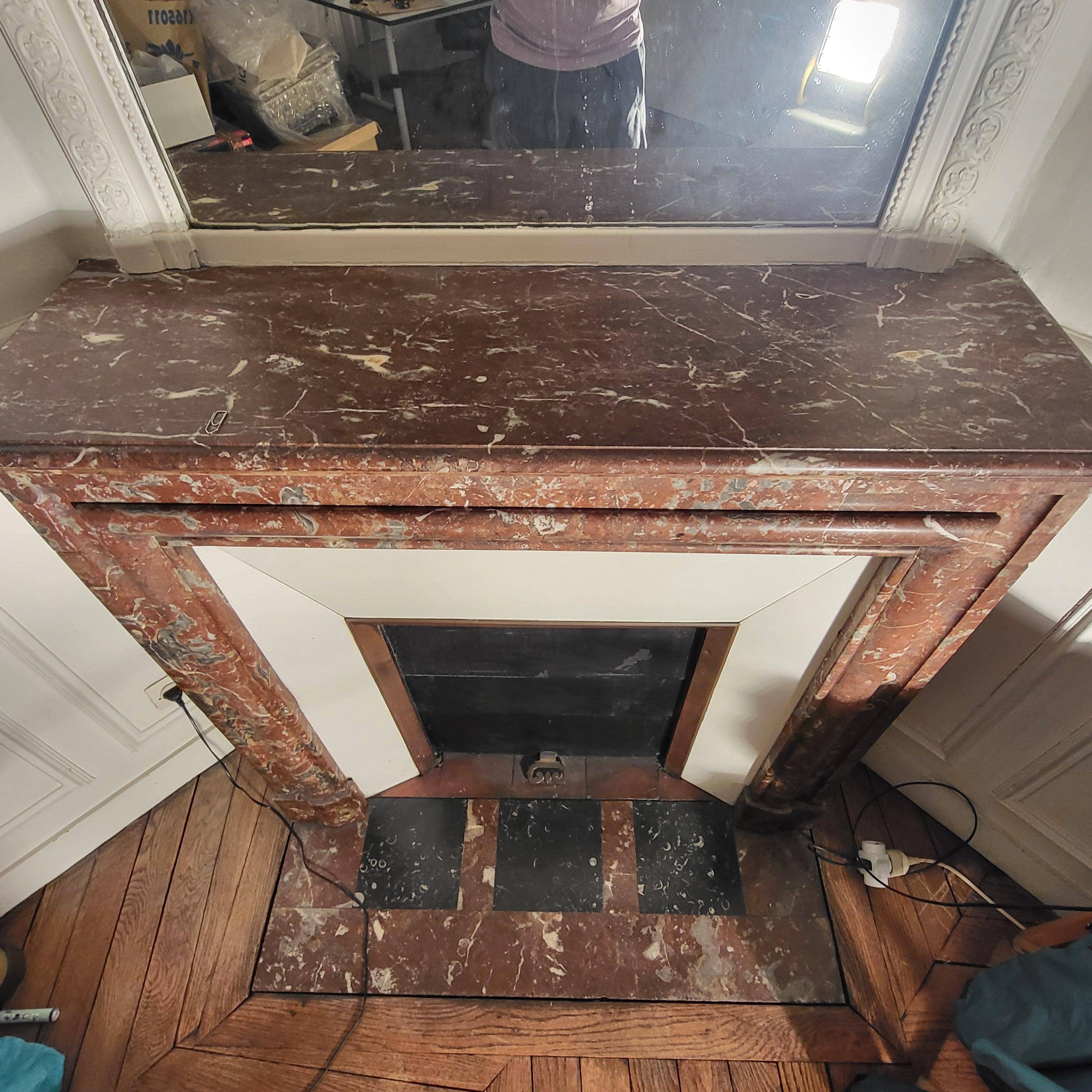 Antique red marble fireplace – Haussmann/Louis-Philippe style – with overmantel
