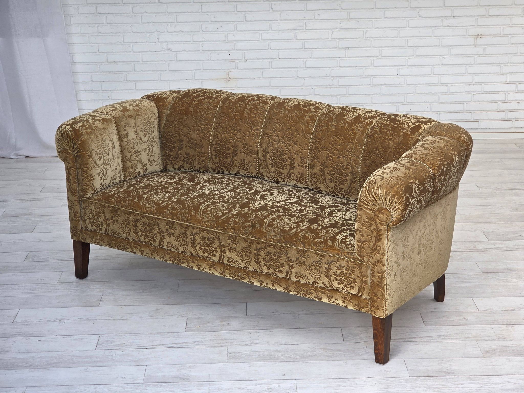 1960s, 3-seater Danish sofa, green furniture velour, ash wood legs.
