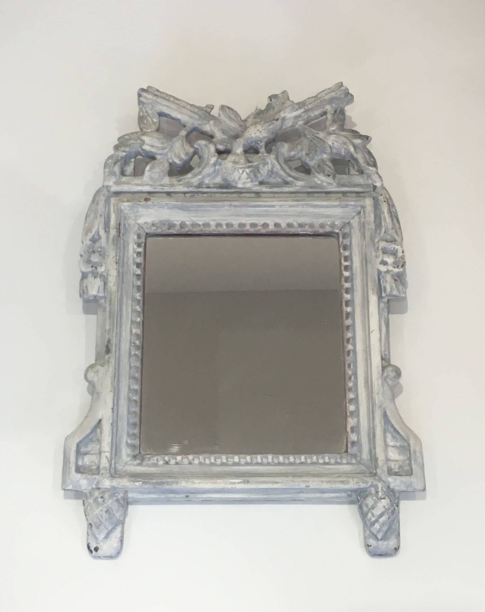 Louis XVI Style Mirror in Carved Wood with Grey Patina and Dove Pediment