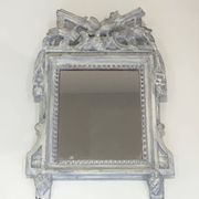 Louis XVI Style Mirror in Carved Wood with Grey Patina and Dove Pediment