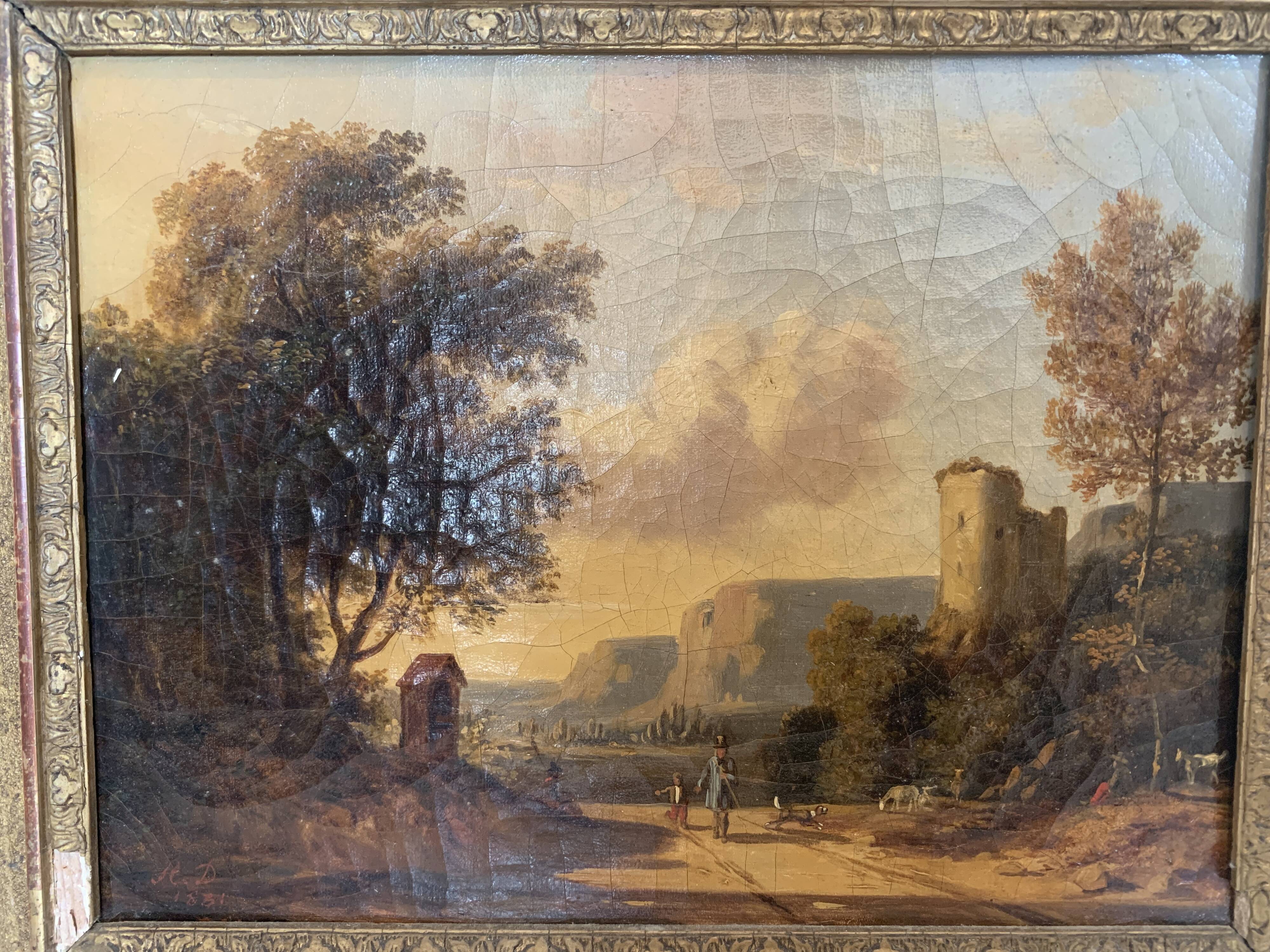 Oil on canvas "Animated landscape" wooden frame and gilded stucco 19th century
