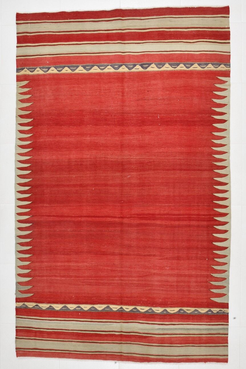 Red & beige wool kilim rug 237x142cm