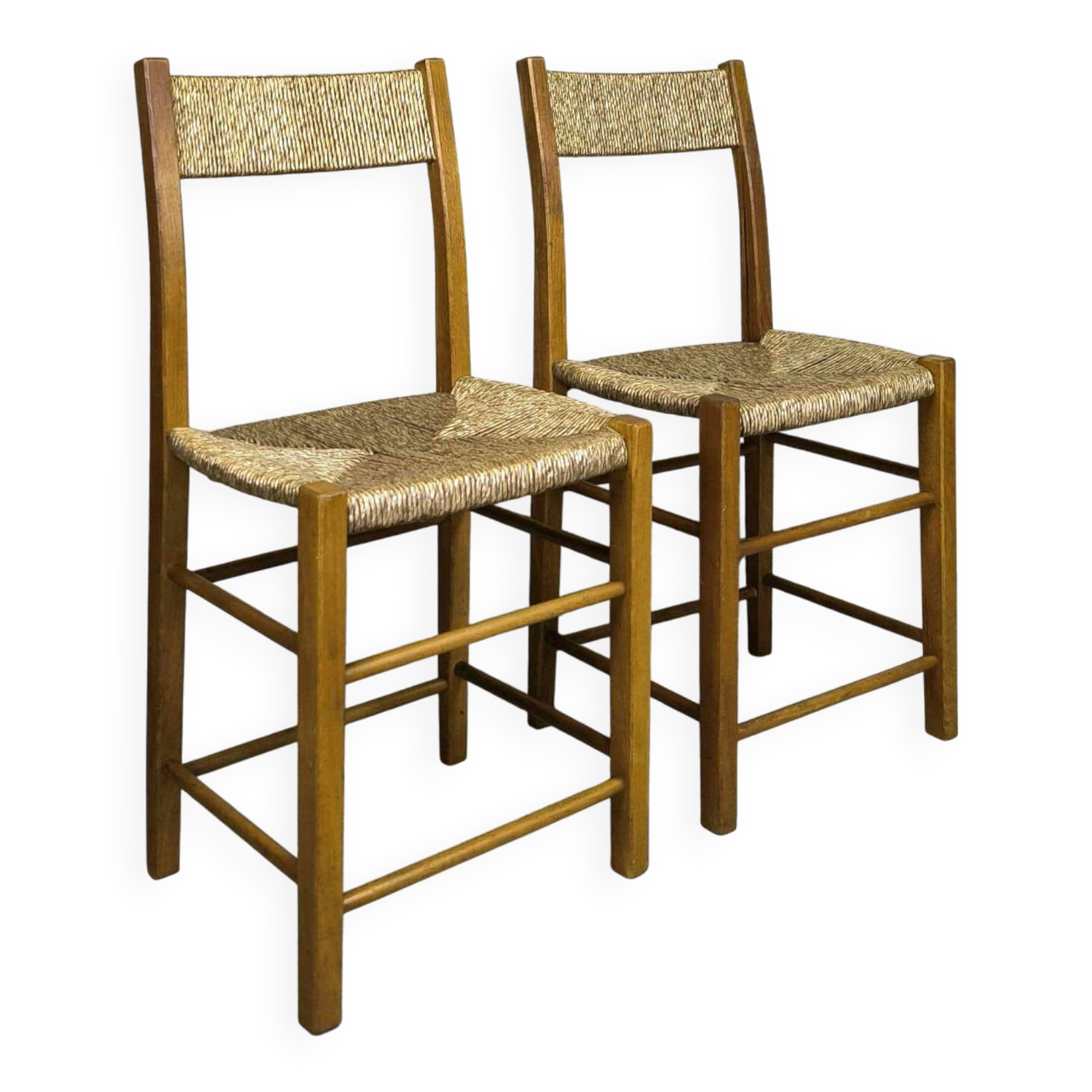 Pair of vintage wood and straw chairs