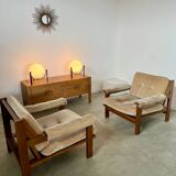 Pair of lounge chairs in wood and designer fabric from the 60s vintage Scandinavian look