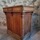 Antique French oak shop counter, kitchen island on wheels, circa 1880–1900.