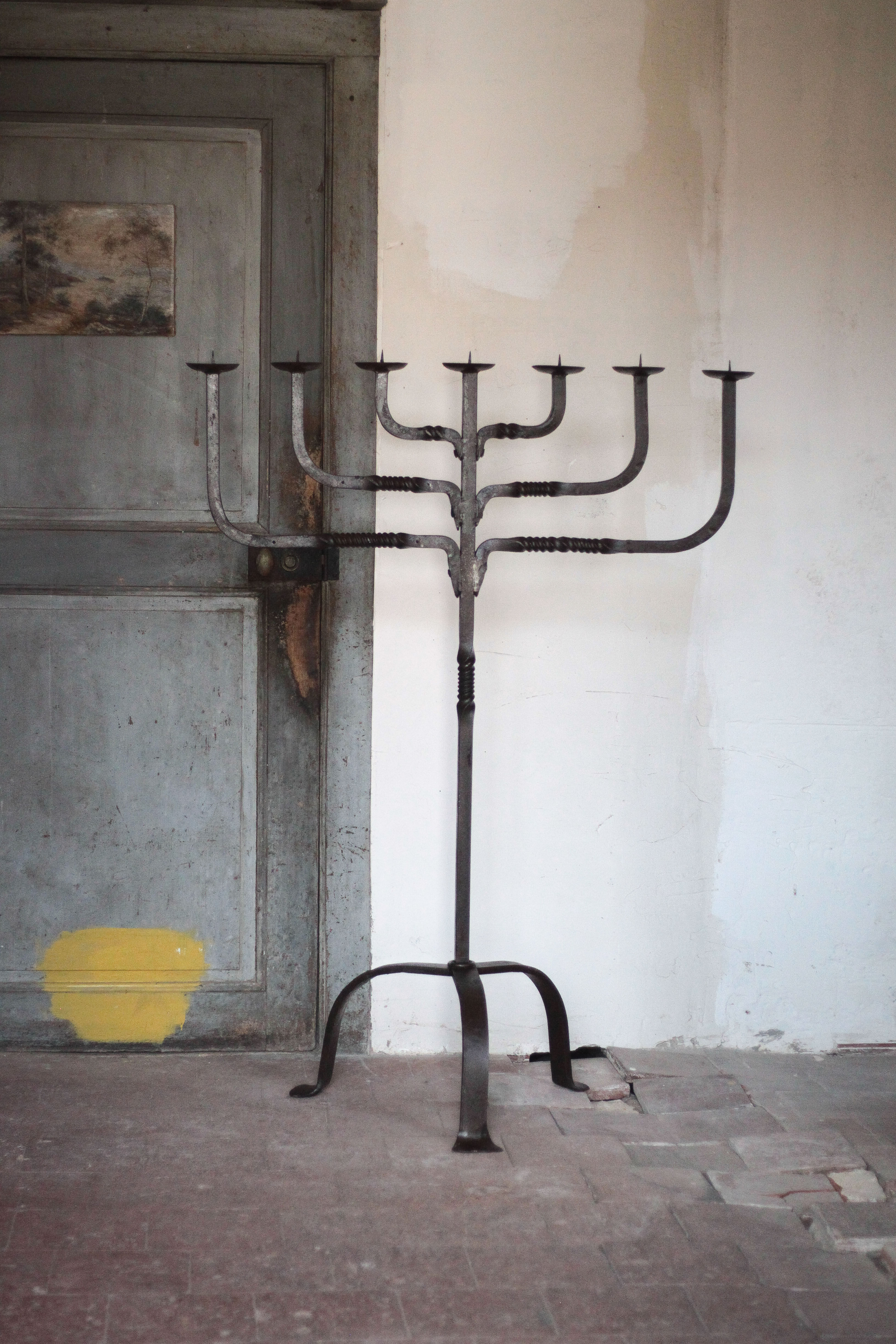 Large wrought iron candlestick, candle holder, candle, Menorah, brutalis