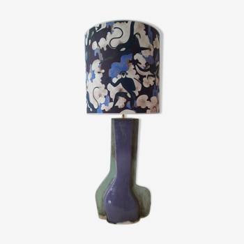 Lampe à poser pied en céramique et abat-jour à motifs colorés