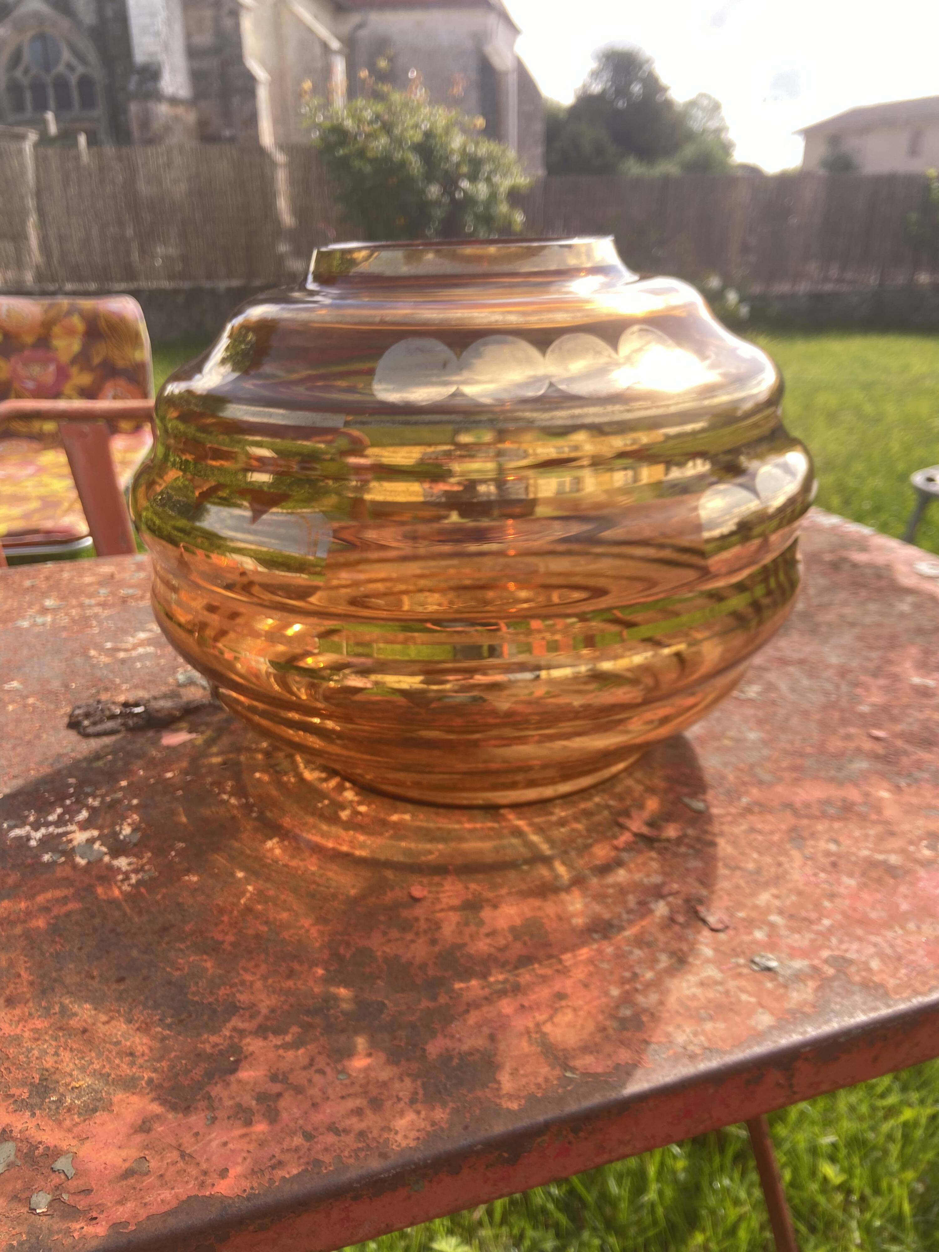 Large Art Deco round vase in amber glass signed Fains, circa 1930.