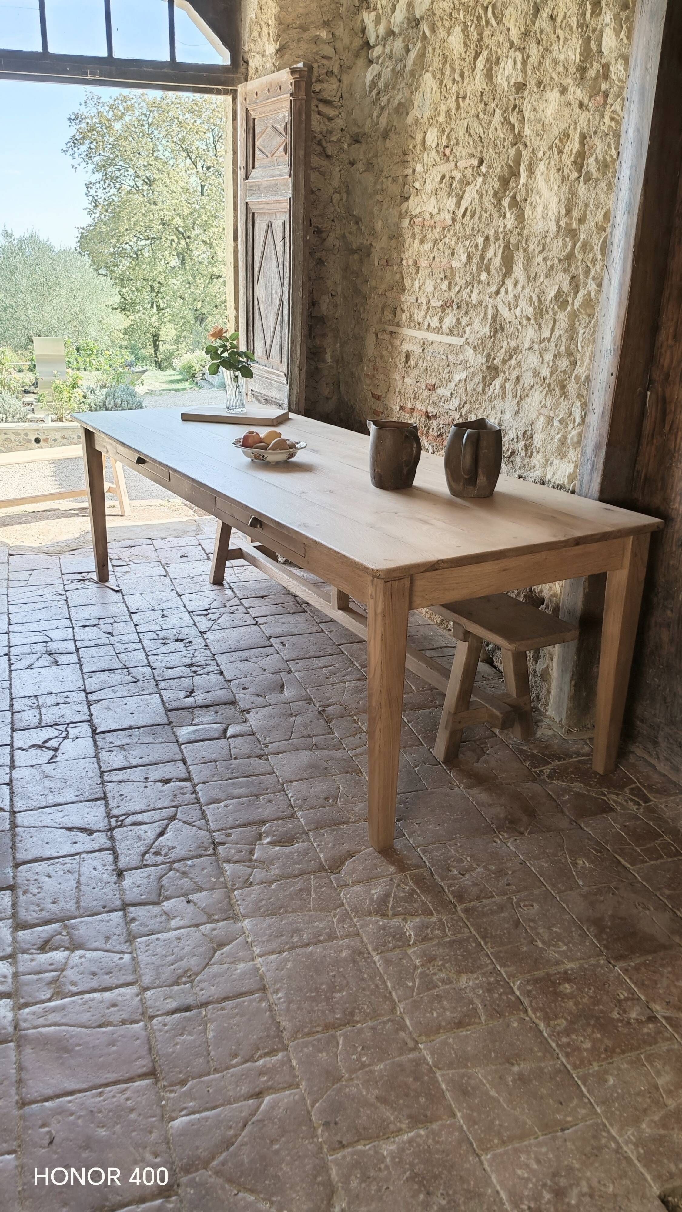 Solid oak farmhouse table "raw" 247x89, "chocolate oak" top