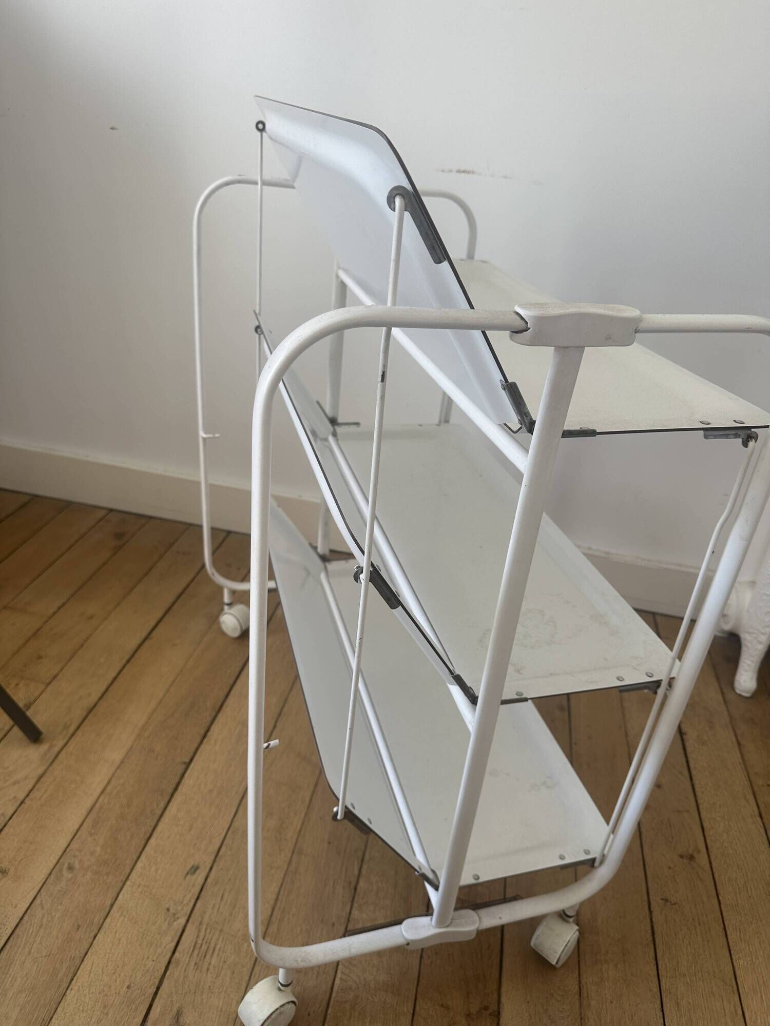 Vintage folding dessert trolley on wheels, 3 white shelves