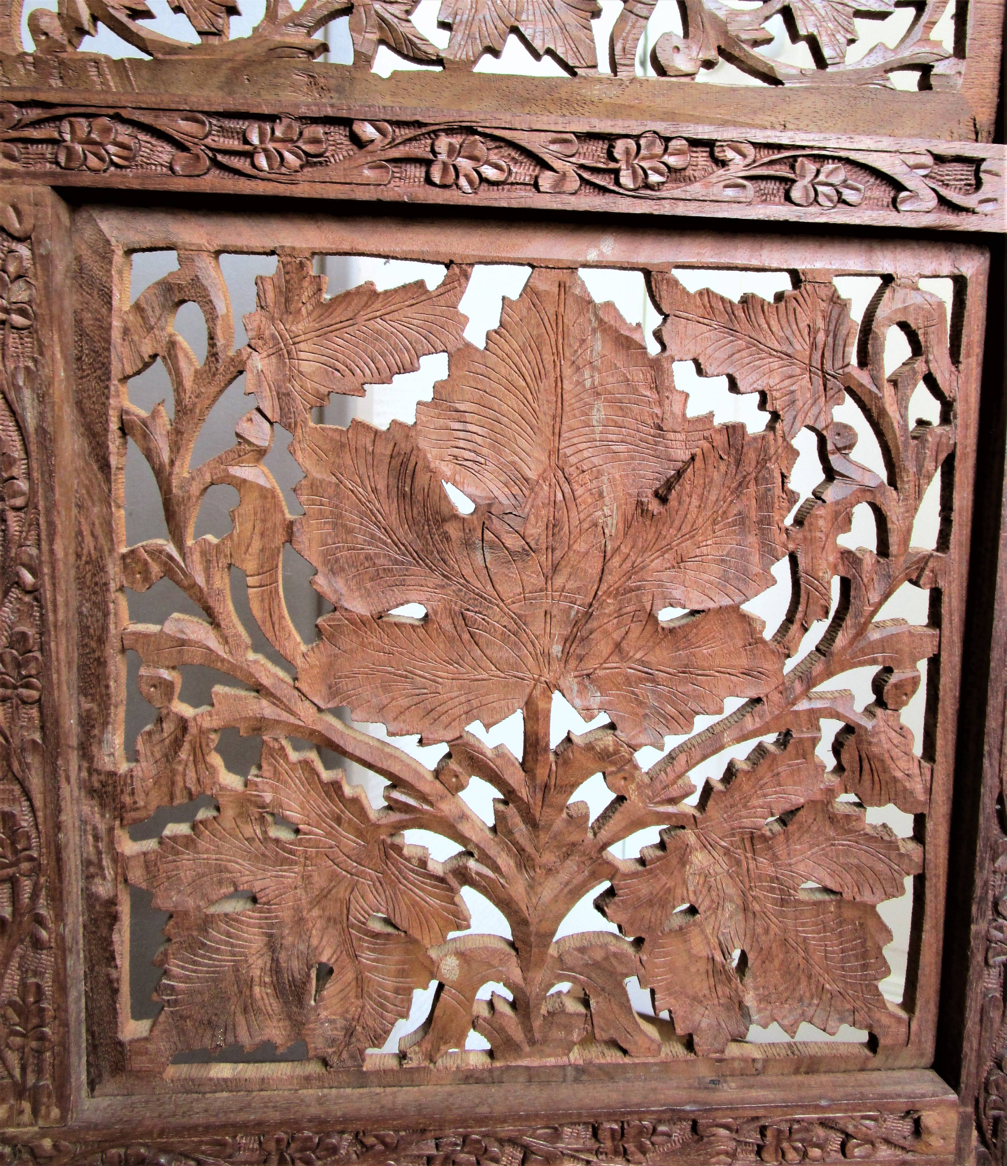 Solid wood screen carved four vintage panels height 98 cm