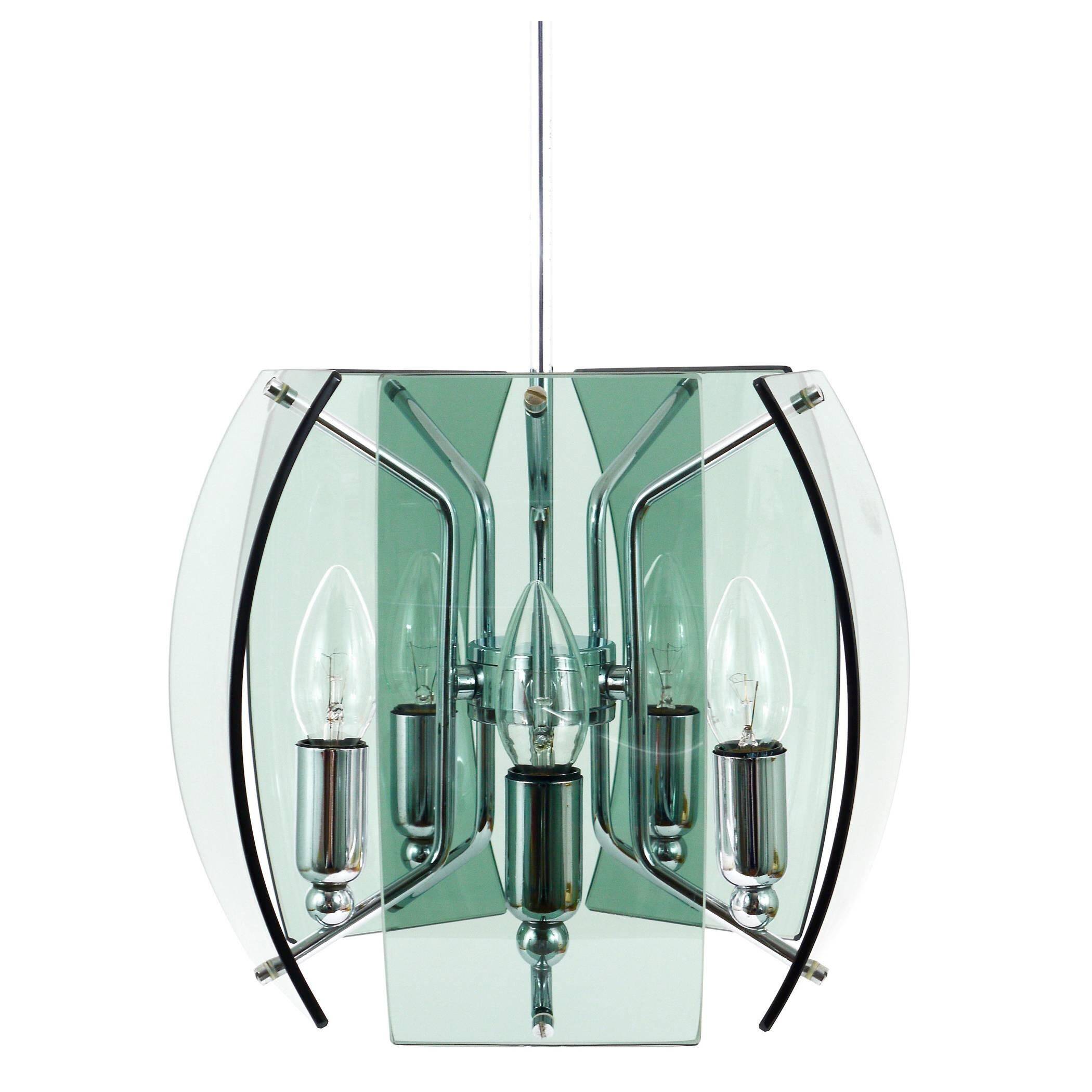 Glass and chrome chandelier in the Fontana Arte style, mid-century, Italy, 1960s.