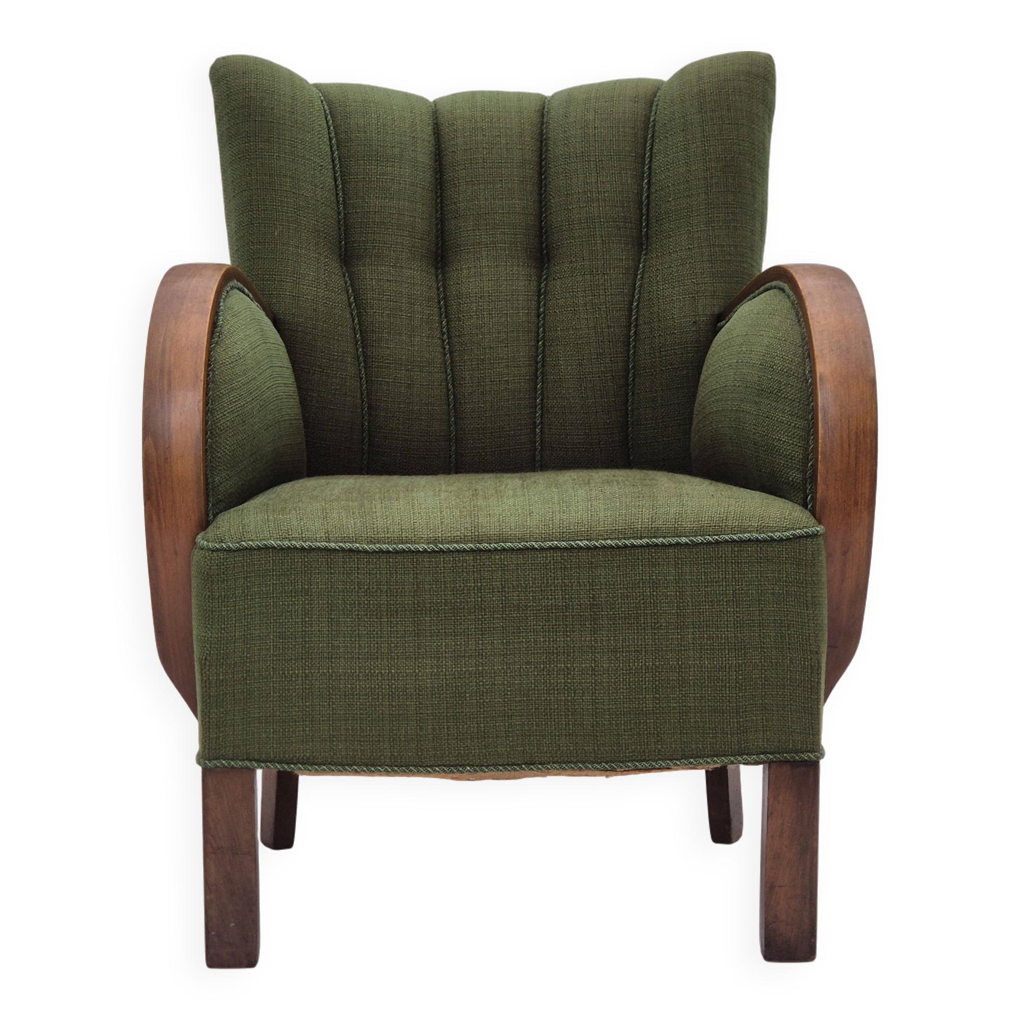 1950s, Danish artdeco armchair, green furniture wool, beech wood, original.