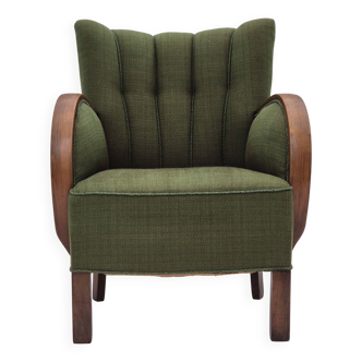 1950s, Danish artdeco armchair, green furniture wool, beech wood, original.