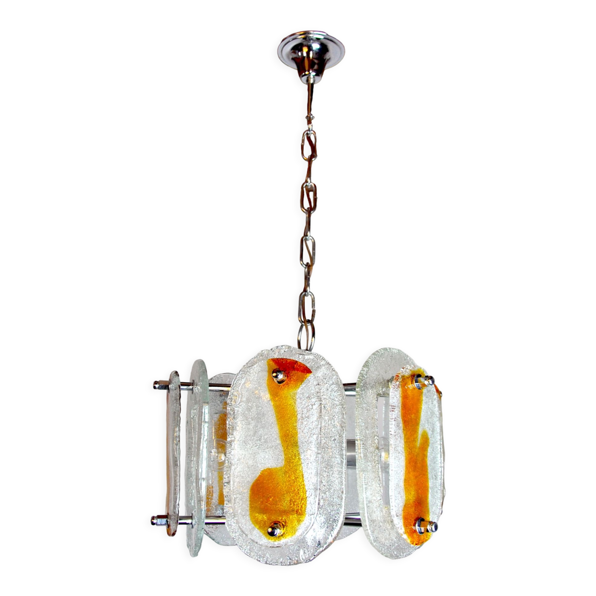 Murano mazzega chandelier, orange frosted glass, italy, 1970