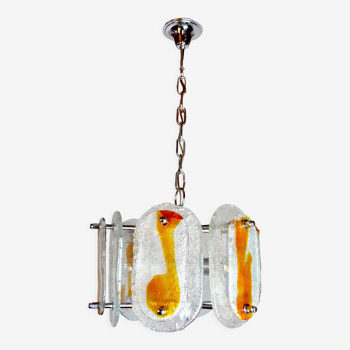 Lustre murano mazzega, verre givré orange, italie, 1970