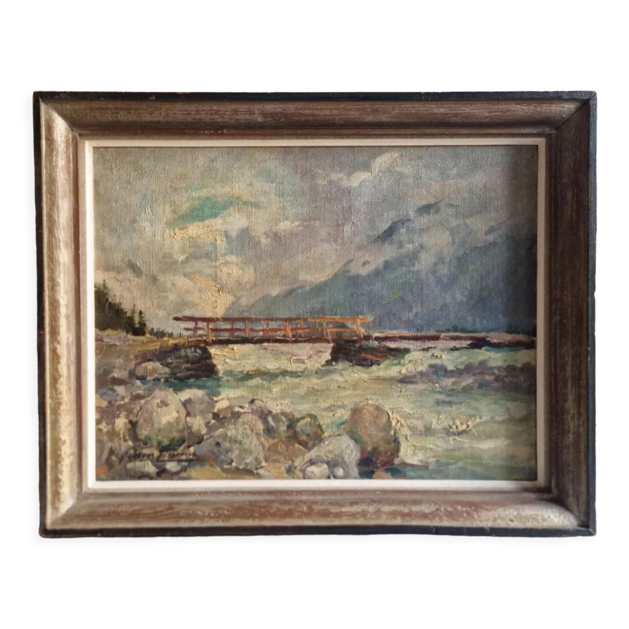 Georges Lemmers, oil on canvas, the bridge in the mountains