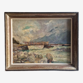 Georges Lemmers, oil on canvas, the bridge in the mountains